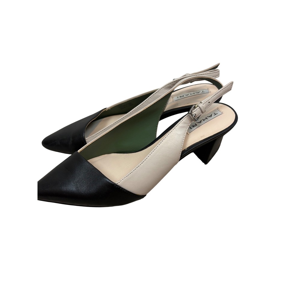 Vintage Tahari Black Cream Leather Colorblock Pointed Slingback Block Heels 6.5M
